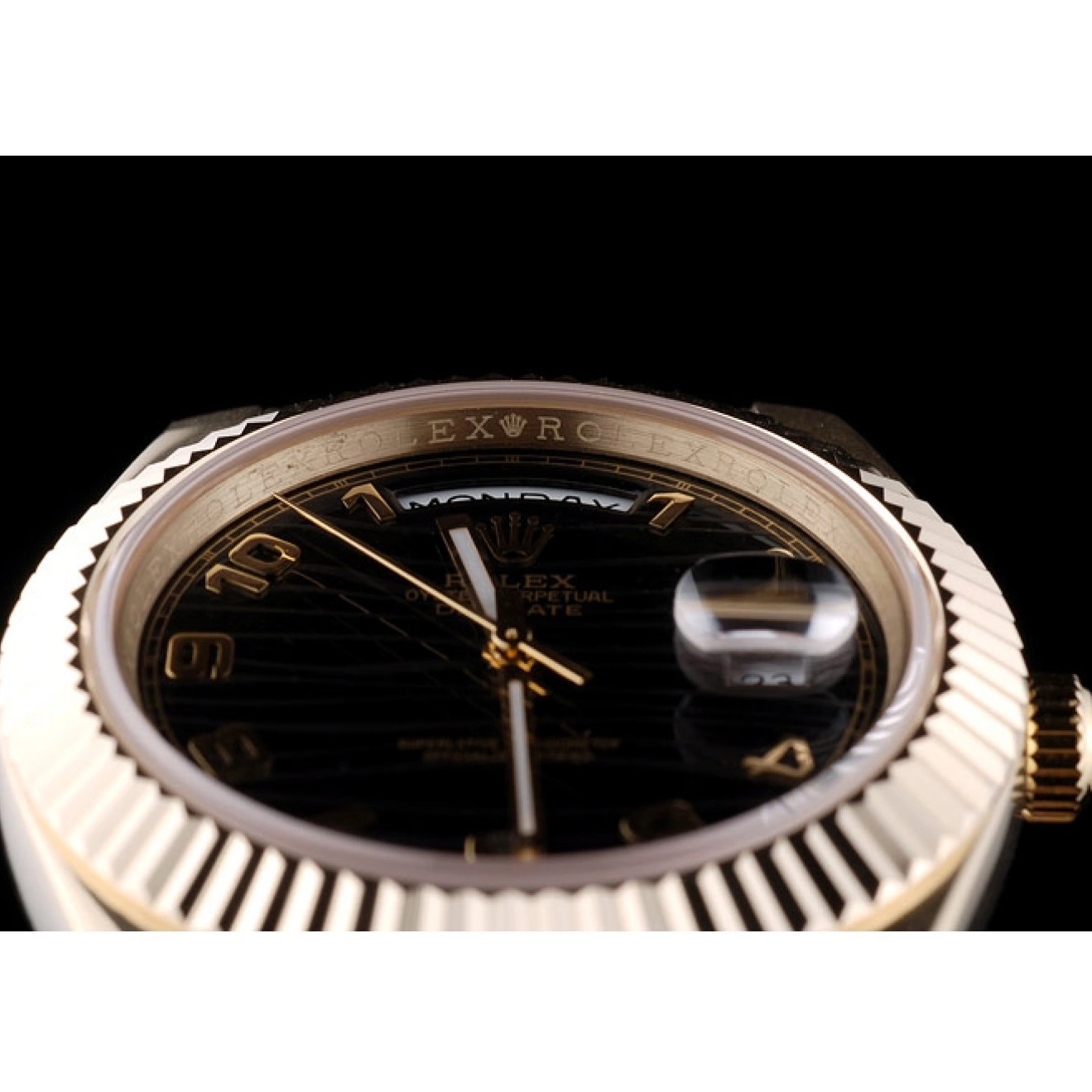 MiroTime 0725 Rolex Swiss DayDate Gold Stainless Steel Ribbed Bezel Black Dial 41998